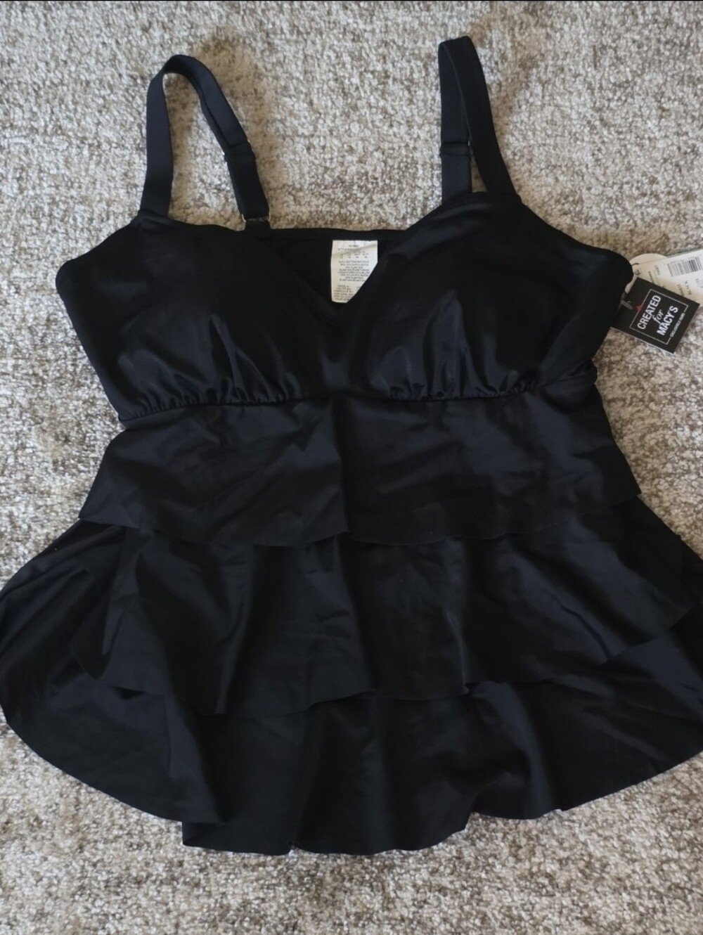 NWT Swim Solutions Women's Black Swan Tiered Ruffle Tankini Swim Top Black 14